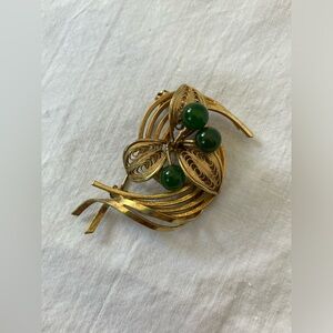 Vintage Gold Toned Green Jade Fruit Brooch
